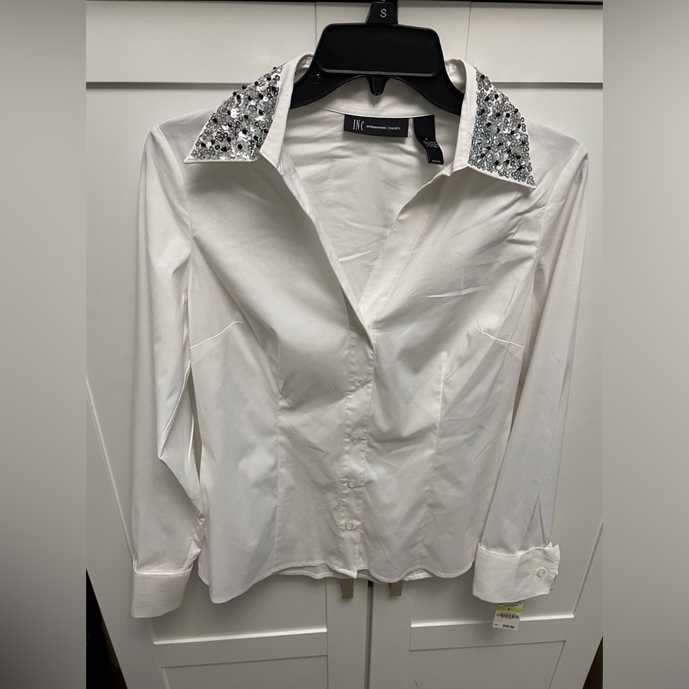 INC International Concepts White Shirt with Embellished Collar